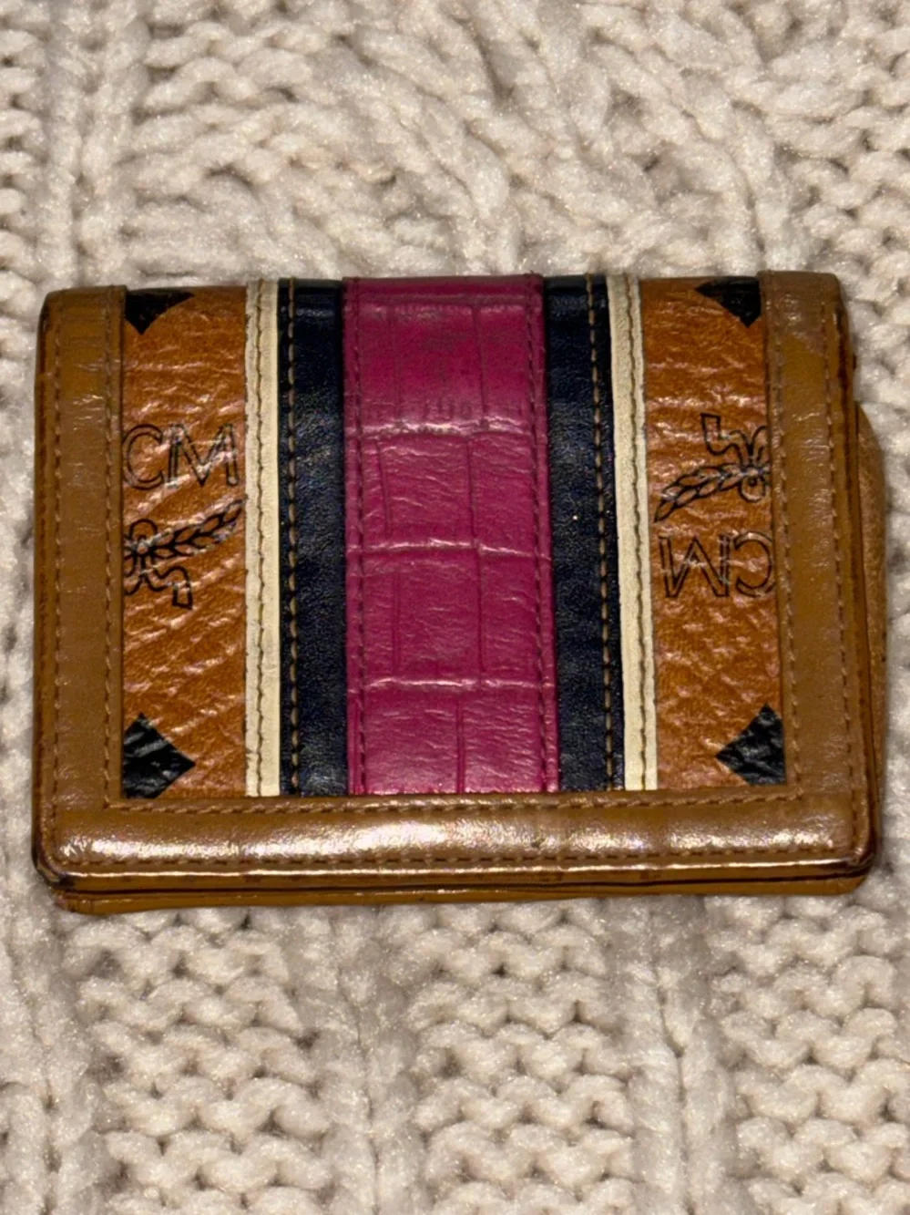 MCM Cognac Small Leather Wallet with Pink and Navy Stripe